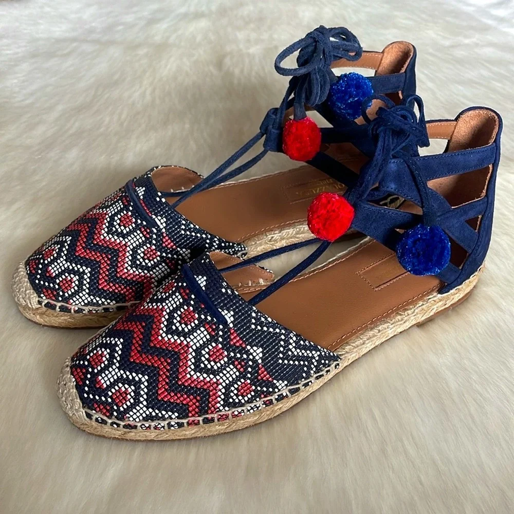 Aquazzura Firenze Belgravia Blue Suede Multicolored Textile Pom-Pom Espadrilles